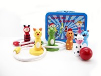 Wooden Bowling Skittles and Quoits set in a tin case